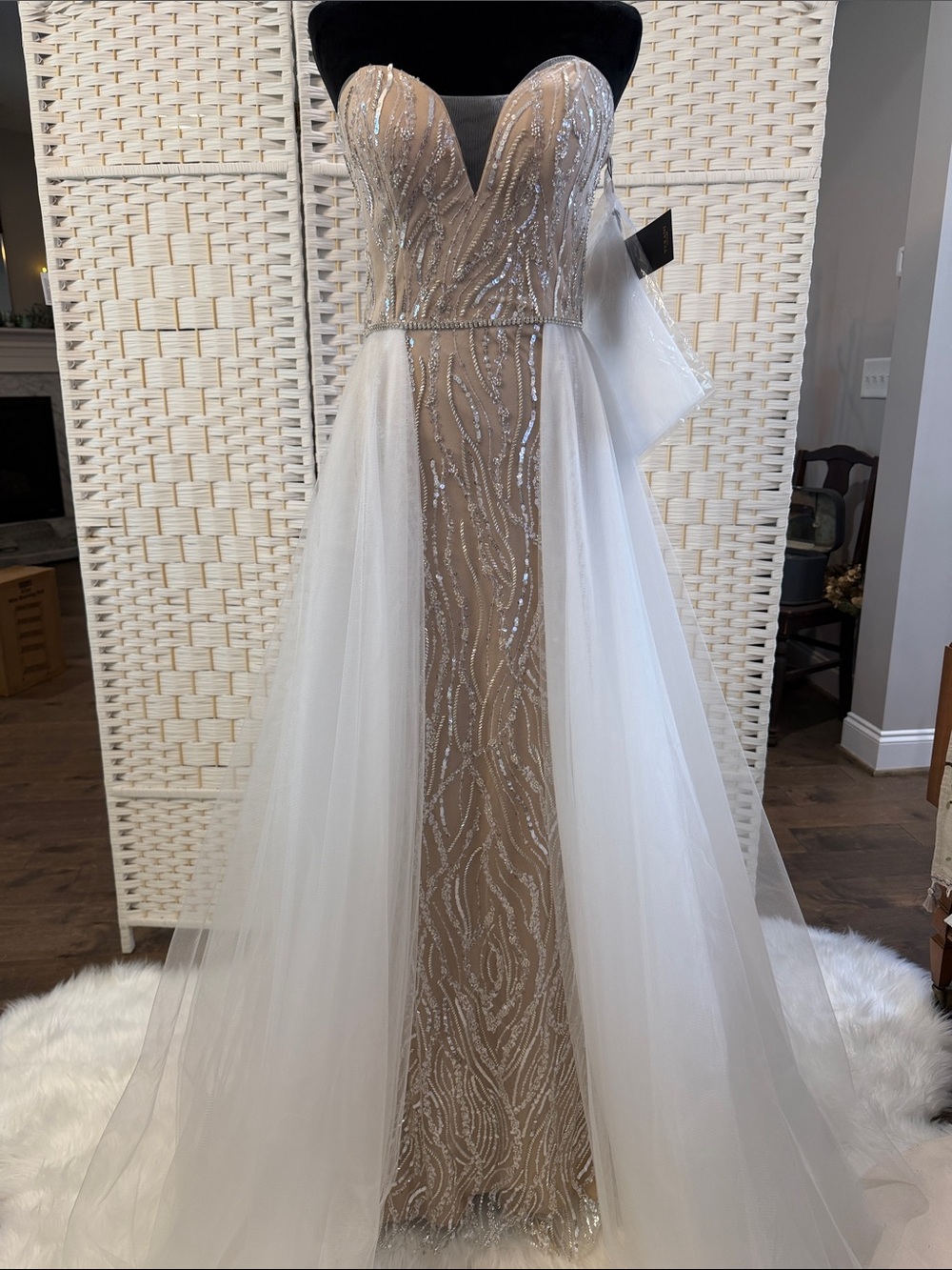 Terani Couture Champagne and White Beaded Strapless Prom Gown